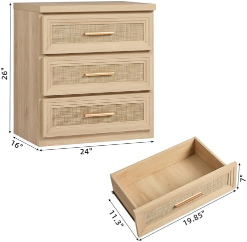 RWYHG Rattan Night Stand 3 Drawer Storage 26" Tall Wood with Gold Handle