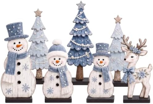 7 Pcs Christmas Table Decor Wooden Snowman Tree Deer Decor, Bule