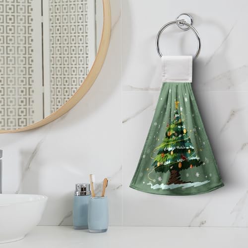 Christmas Xmas Tree Hanging Kitchen Towels Set of 2 Winter Cardinal Snow Hand Towel with Hanging Loop Snowy Snowflakes Star Dish Towel Soft Absorbent Bath Tie Towel for Bathroom Farmhouse Decor