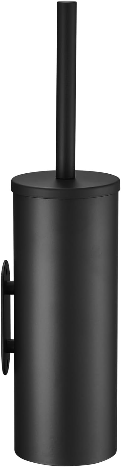Toilet Bowl Brush and Holder, Black | 304 Stainless Steel, No-Punch Hook Base, Removable Inner Bucket, Splash Cover, Soft Bristles