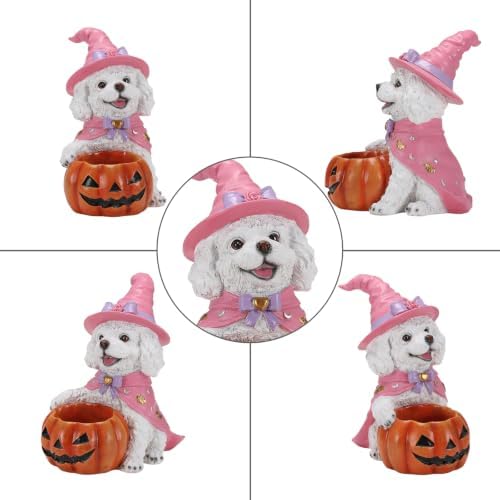Halloween White Poodle Statue with Pumpkin Candy Bowl Tabletop Decor