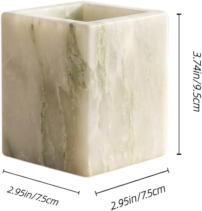 Natural Marble Pen Holder, 2.95" x 3.74" Square Hand-Polished Desk Pencil Cup, Multi-Functional Marble Organizer for Makeup Brushes, Kitchen Utensils, Office, Bathroom, Home Decor