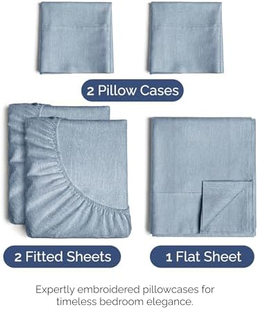 Split King Size 5 Piece Sheet Set - Breathable & Cooling - Heathered Blue