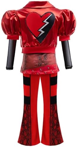 D.O.T Girls Rise Red Costume Includes Red Heart Jacket Shirt Flared Pants Wig Gloves 5pcs Halloween Princess Dress up 3-14Y