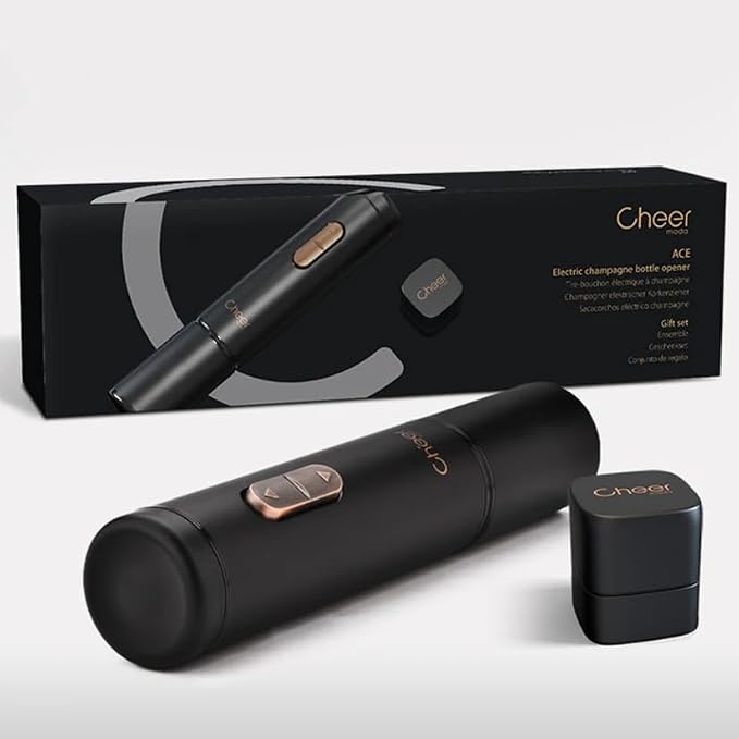 Wine Enthusiast x Cheer Moda Electric Sparkling Wine Opener – Automatic Champagne Bottle Opener with Cork Release & Stopper – Stainless Steel Electric Wine Tool – Battery Powered – U.S. Exclusive