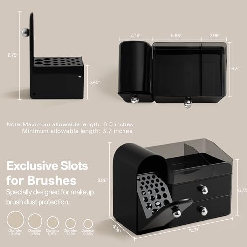 HBlife Makeup Organizer Countertop with Drawers, Cologne Organizer for Men, Vanity Organizers with Brush Holder, Bathroom Countertop Organizer Skin Care Storage, Gift for Dad Husband, Black Silver
