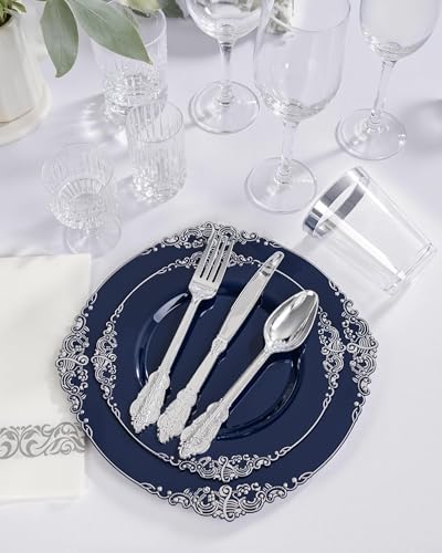 Hioasis 175pcs Blue and Silver Plastic Plates 10.25"