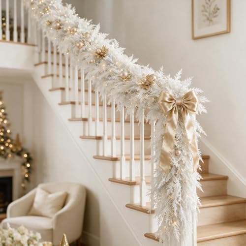 9FT White Christmas Cedar Garland, Realistic Artificial Garland, Winter Snowy Xmas Decorations Indoor Outdoor, Faux Holiday Garland for Mantle, Fireplace, Table, Door, Wedding Party Decor