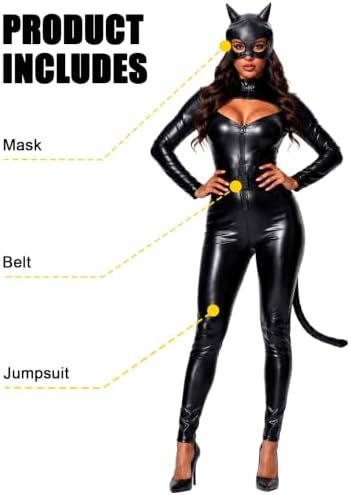 3 PCS Womens Black Cat Costume Faux Leather Catsuit Set