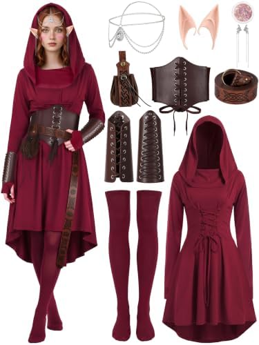 10 Pcs Women Renaissance Halloween Fairy Costumes Medieval Elf Dress S-XXL