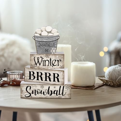 Moucuny 4 Pcs Winter Wooden Block Signs Farmhouse Table Decoration