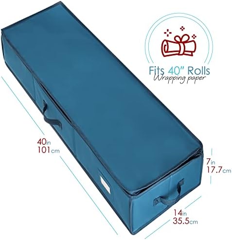 Hearth & Harbor Wrapping Paper Storage Container - Christmas Storage Bag with Ribbon Dispenser and Interior Pockets - Gift Wrap Organizer Fits Up to 26 Rolls of 40" Length, Blue