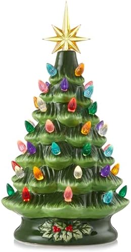 Casafield Hand Painted Ceramic Christmas Tree, Green 12-Inch Pre-Lit Tree with 100 Multi Color Lights and 2 Star Toppers