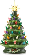 Casafield Hand Painted Ceramic Christmas Tree, Green 12-Inch Pre-Lit Tree with 100 Multi Color Lights and 2 Star Toppers