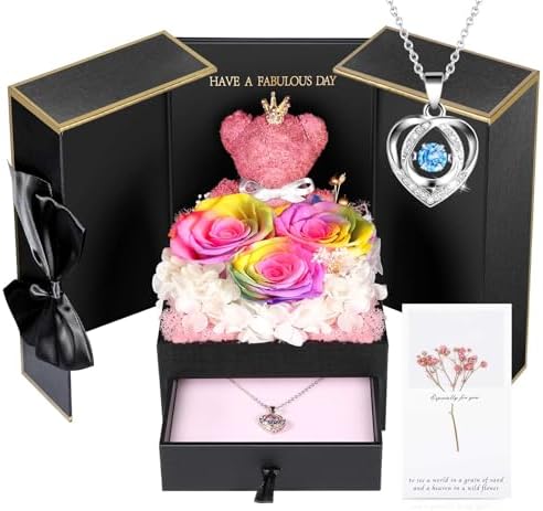 ADDWel Preserved Rainbow Rose Gift Box with 925 Sterling Silver Necklace