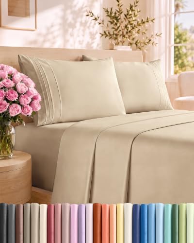 Queen Size 4 Piece Sheet Set - Comfy Breathable & Cooling Sheets - Cream