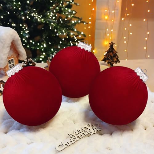 12 Pcs Jumbo Red Velvet Christmas Balls Ornaments Bulk 6 Inch Extra Large Flocked Christmas Tree Ornaments Xmas Bulbs Decorations Giant Hanging for Outdoor Indoor Xmas Home Party