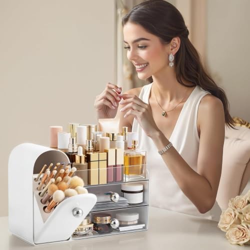 HBlife Makeup Organizer Countertop with Drawers, Vanity Organizers with Brush Holder, Bathroom Counter Organizer for Perfume, Nail Polishes, Lipsticks, Skincare and Eyeshadow Palettes, White Sliver
