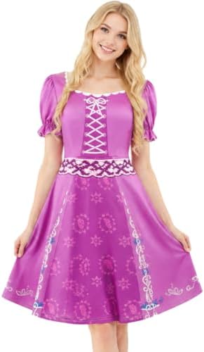 Rapunzel Costume Women Printed Purple Princess Dress Puff Sleeves Twirl Skirt Gown Halloween Cosplay Party Dress
