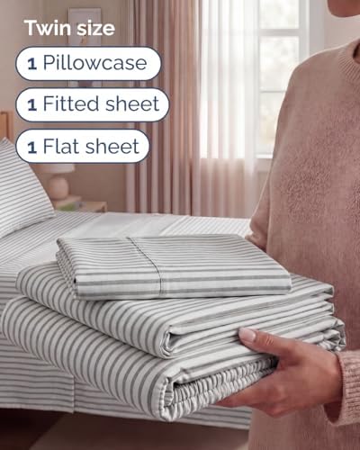 Twin Size 3 Piece Sheet Set - Breathable & Cooling Sheets - Grey Stripes