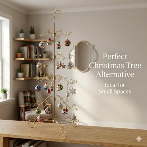 HOHIYA Ornament Display Tree, Brass Gold, 3 Ft, 56-Hook, Metal Stand