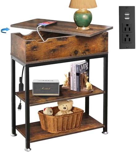 Rotating Top End Table with Charging Station, 24" W x 12" D x 27" H, Brown