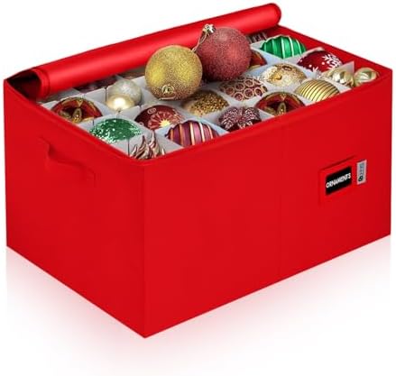 Christmas Ornament Storage Container with Dividers - Box Stores Up to 96 Ornaments, Zippered, Convenient, Adjustable, Large Organizer Bin to Protect Holiday Décor, Fits Most Standard Size, Red