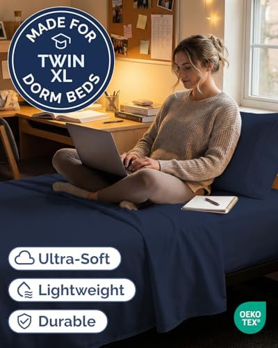 Twin XL Size 3 Piece Sheet Set - Breathable & Cooling Sheets - Navy Blue