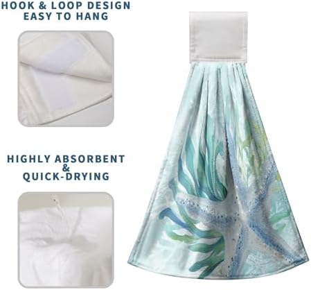 2 Pcs Starfish Hanging Hand Towels Summer Coastal Nautical Kitchen Towels with Hanging Loop Aqua Turquoise Beach Ocean Coral Bath Tie Towels Oven Stove Dish Washcloth