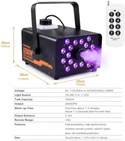 Dazzle Bright 1200W Halloween Fog Machine, Smoke Machine Outdoor Indoor with Timer, 7 Colorful LED Lights Effect Fog Wireless Remote for Stage Effect Halloween Party