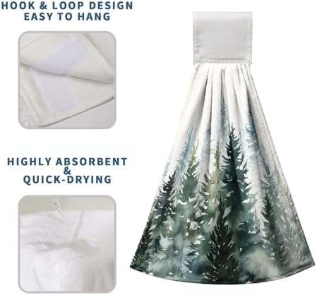 Watercolor Green Tree Hanging Hand Towels Christmas Pine Tree Kitchen Tie Towel Rustic Nature Forest Hand Towels with Hook Loops Winter Hanging Kitchen Towel Fast Drying Dish Tea Towels, 2pcs
