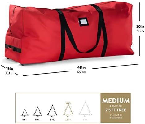 ZOBER 600D Oxford Fabric Rolling Christmas Tree Storage Bag - Fits 7.5 Ft Artificial Trees - Waterproof Christmas Tree Bag For Storage Box For Xmas, Durable Handles and Wheels - Card Slot - Red