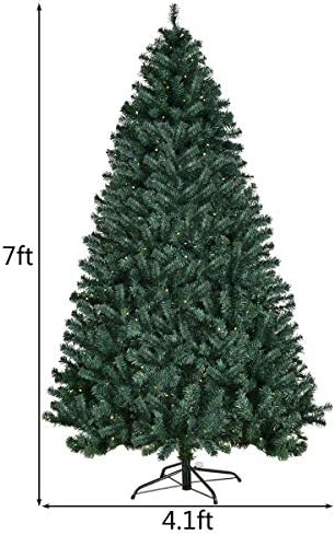 HAPPYGRILL 7FT Pre-lit Christmas Tree Artificial Hinged Xmas Tree for Home Holiday Décor Metal Stand PVC Material 300 LED Lights 1096 Branches Easy Setup & Storage