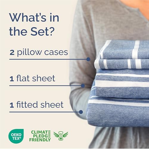 King Size 4 Piece Sheet Set - Breathable & Cooling Sheets - Blue Stripes