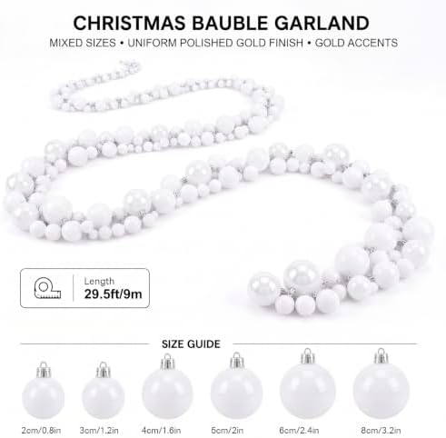 Sosation 29.5Ft Christmas Ball Ornament Garland, White, Glossy Matte