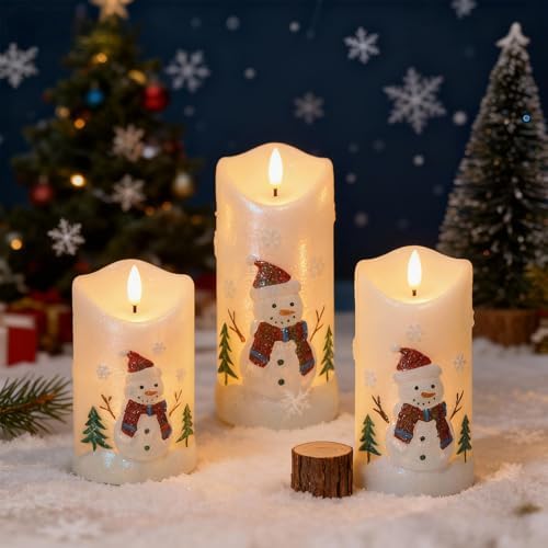 Snowman Carved Flameless Candle Battery Operated with Remote Timer