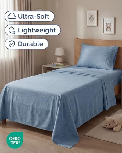 Twin Size 3 Piece Sheet Set - Breathable & Cooling Sheets - Heathered Blue