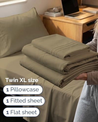 Twin XL Size 3 Piece Sheet Set - Comfy Breathable & Cooling Sheets - Khaki