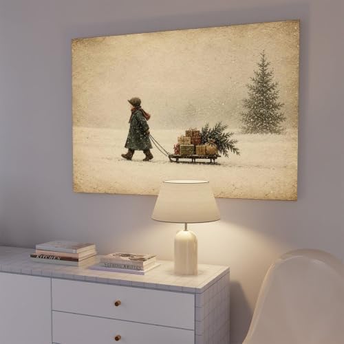 Vintage Child Sled Wrapped Boxes Evergreen Snow Christmas Canvas Wall Art