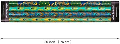 WRAPAHOLIC 30 Inch Peacock Christmas Wrapping Paper Roll - Jumbo Roll Green Peacock Elements Patterns with Metallic Foil Shine - 4 Rolls - 30 Inch x 120 Inch Per Roll