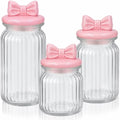 Mimorou 3 Set Pink Bow Candy Glass Jars with Ceramic Lids 44oz 33oz 22oz Summer Bow Cookie Jars Airtight Glass Food Storage Containers for Spring Summer Party Tea Cookie Snacks Sugar