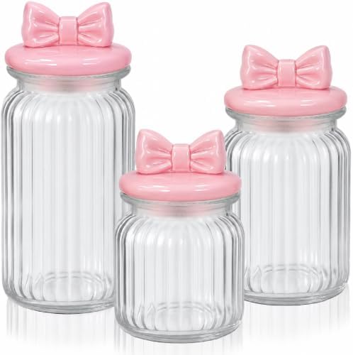 Mimorou 3 Set Pink Bow Candy Glass Jars with Ceramic Lids 44oz 33oz 22oz Summer Bow Cookie Jars Airtight Glass Food Storage Containers for Spring Summer Party Tea Cookie Snacks Sugar