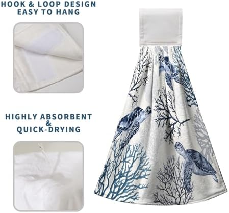 Coastal Sea Turtle Hand Towels with Hanging Loops Nautical Ocean Coral Hanging Kitchen Towels Set of 2 Summer Beach Dish Washcloth Absorbent Soft Bath Tie Towel for Bathroom