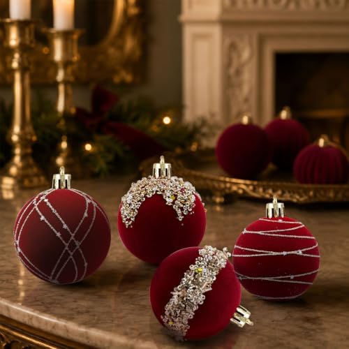 12Pcs Red Velvet Christmas Ornaments 2.36 in Balls for Christmas Tree Deco