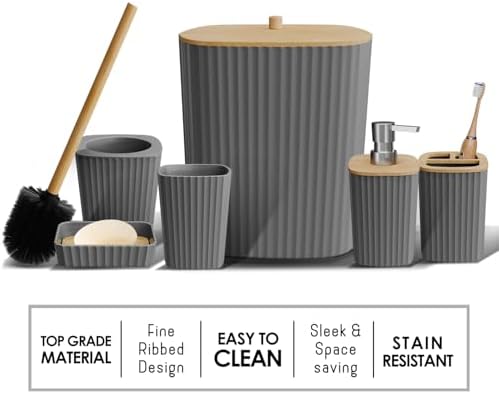 Clara Clark Bathroom Set - Grey Bathroom Accessories Set, 6PC Bathroom Accessory Set, Bathroom Sets with Bathroom Rugs, Toilet Brush, Trash Can & Soap Dispenser