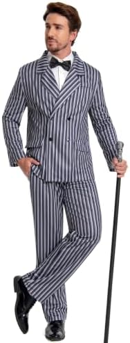 Men's 1920s Gangster Costume 3-Piece Set, Black White Striped Zoot Suit Gothic Family Halloween Cosplay M-XXL