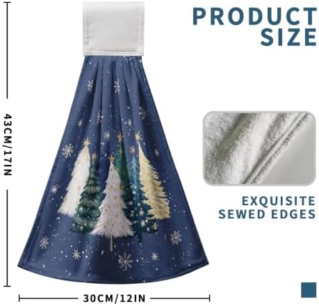 Christmas Tree Blue Hanging Kitchen Hand Towels Set of 2 Teal White Gold Xmas Snowflakes Kitchen Tie Towels Fast Drying Oven Stove Dish Towel Soft Absorbent Fingertip Bath Towel for Bathroom
