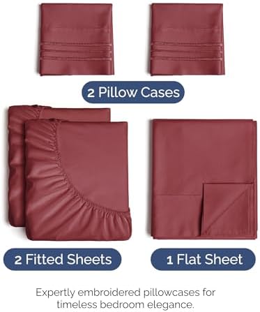 Split King Size 5 Piece Sheet Set - Breathable & Cooling Sheets - Burgundy