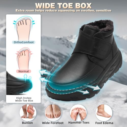 OrthoComfoot Orthopedic Diabetic Winter Leather Ankle Boots for Men, Comfortable Casual Wide Width Arch Support Warm Snow Boots for Relief Plantar Fasciitis, Bunions, Swollen Feet & Foot Pain