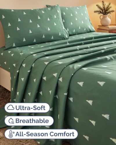 Christmas Sheet Set, Sage Pine Trees, Holiday Xmas Bedding Set - Cal King